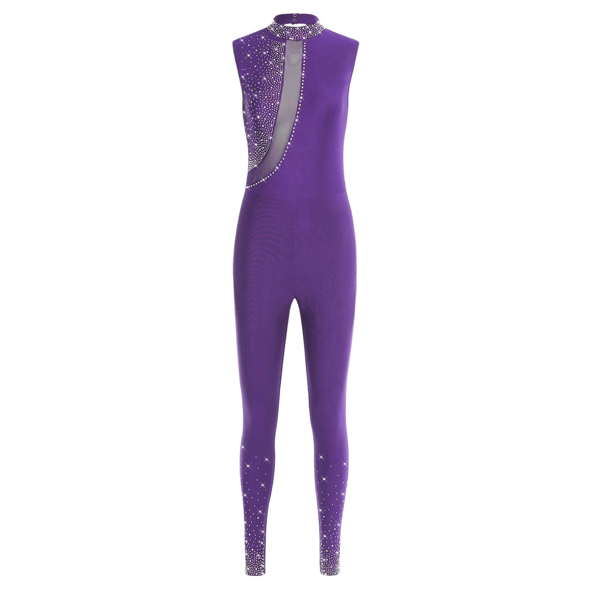 Women's Rhinestone Gymnastics Unitard | Mesh Patchwork & Asymmetric Shoulder | Performance Jumpsuit