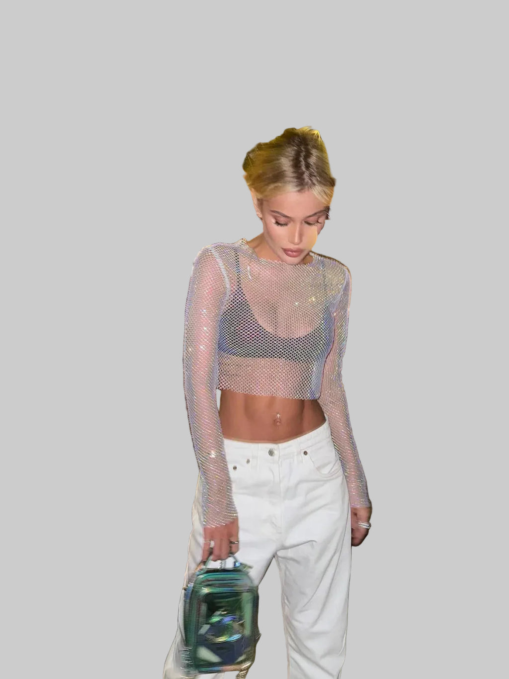 Rhinestone Long Sleeve Crop Top - Sheer Mesh Festival Top with Hollow Details