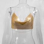 Metallic Glitter Halter Crop Top - Backless Corset Tank
