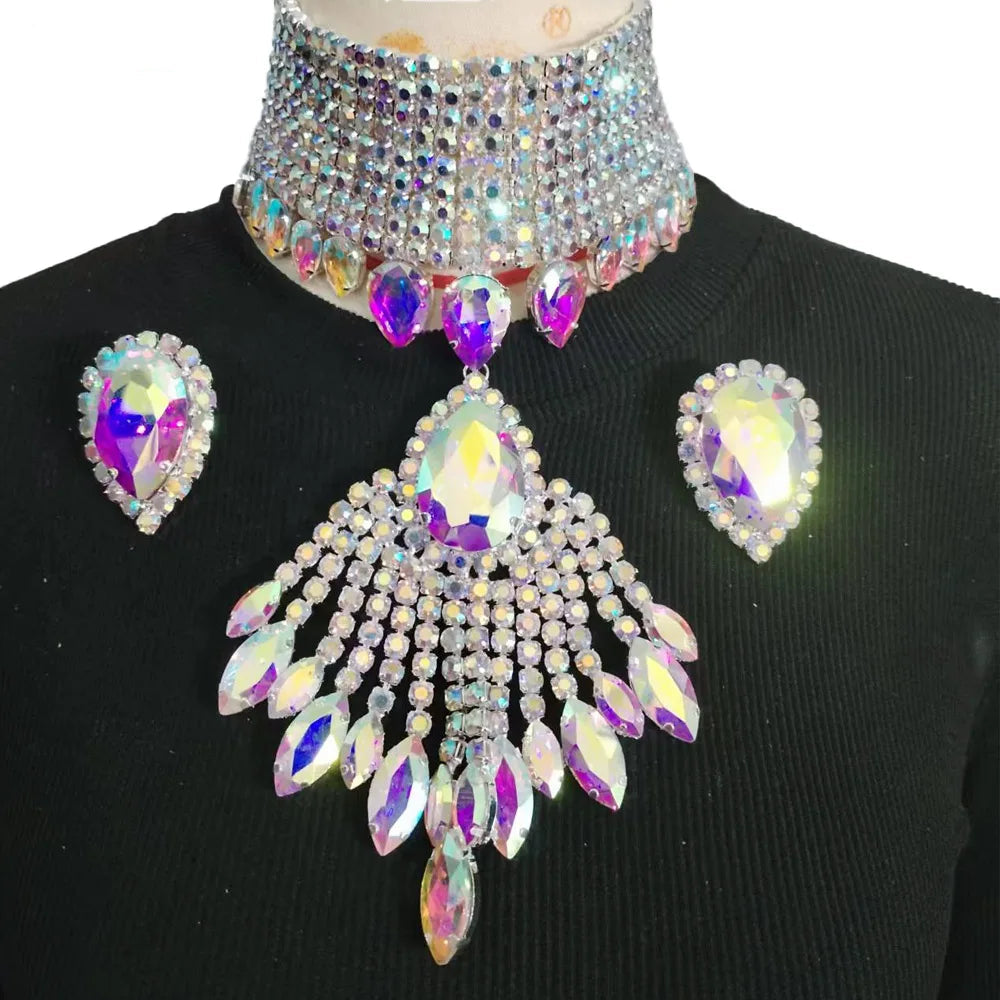 Rhinestone Tassel Choker Jewelry Set | Necklace & Earrings