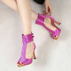 Purple Satin Latin Dance Shoes | Peep Toe | Lace-Up Heel