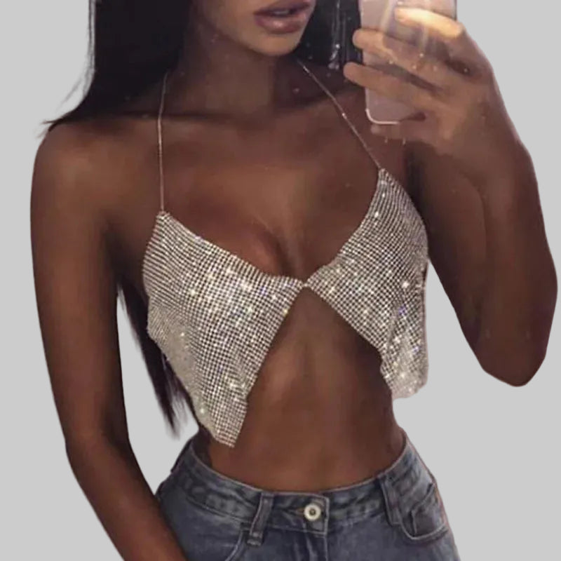 Rhinestone Halter Crop Top - Backless V-Neck Performance Cami