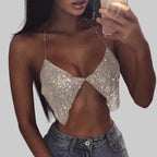 Rhinestone Halter Crop Top - Backless V-Neck Performance Cami