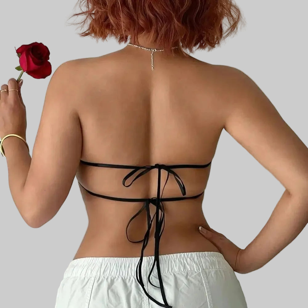 Heart Rhinestone Bandage Crop Top - Tie-Back Sequin Tank