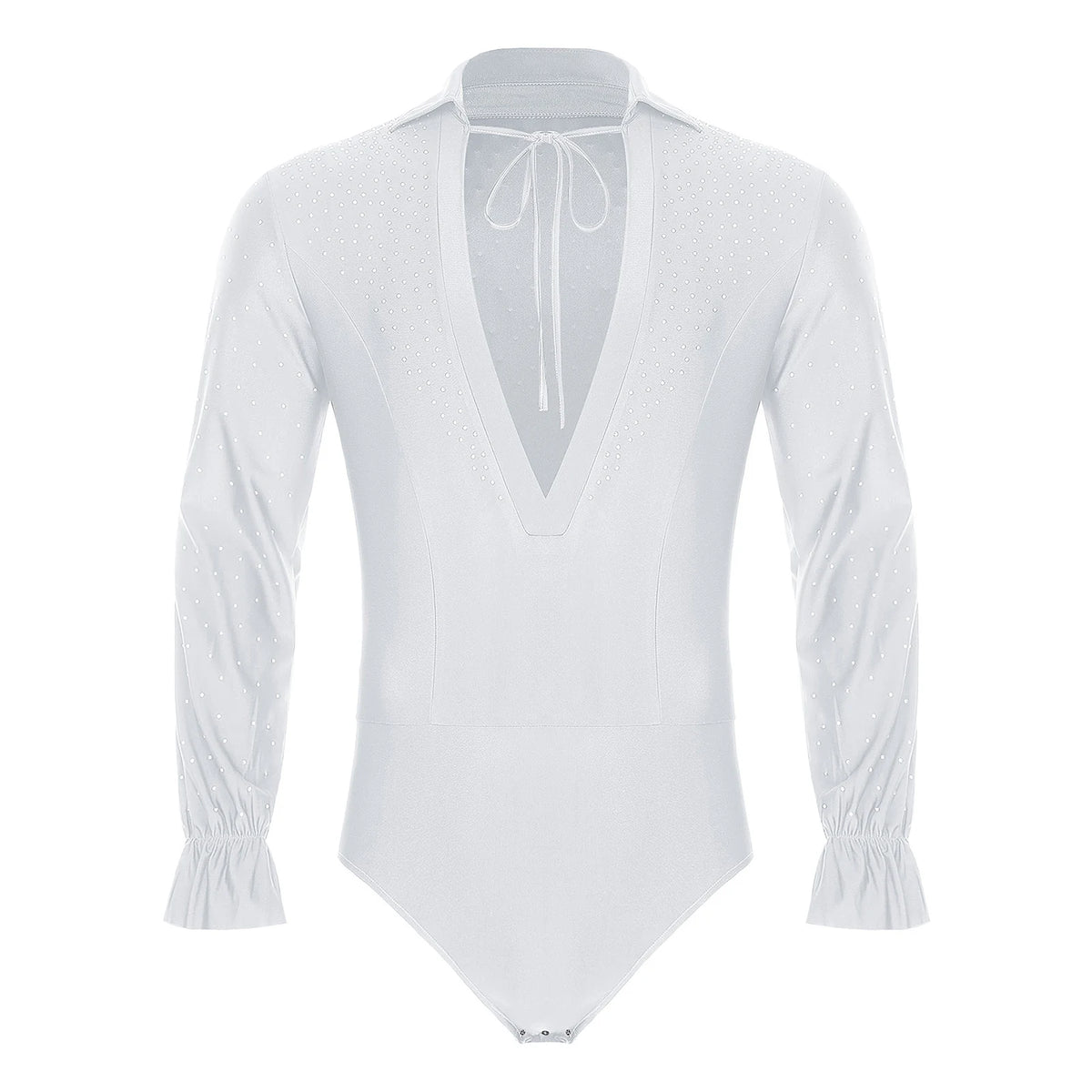Men's Rhinestone Deep V-Neck Dance Bodysuit | Long Sleeve & Snap Crotch | Latin & Jazz