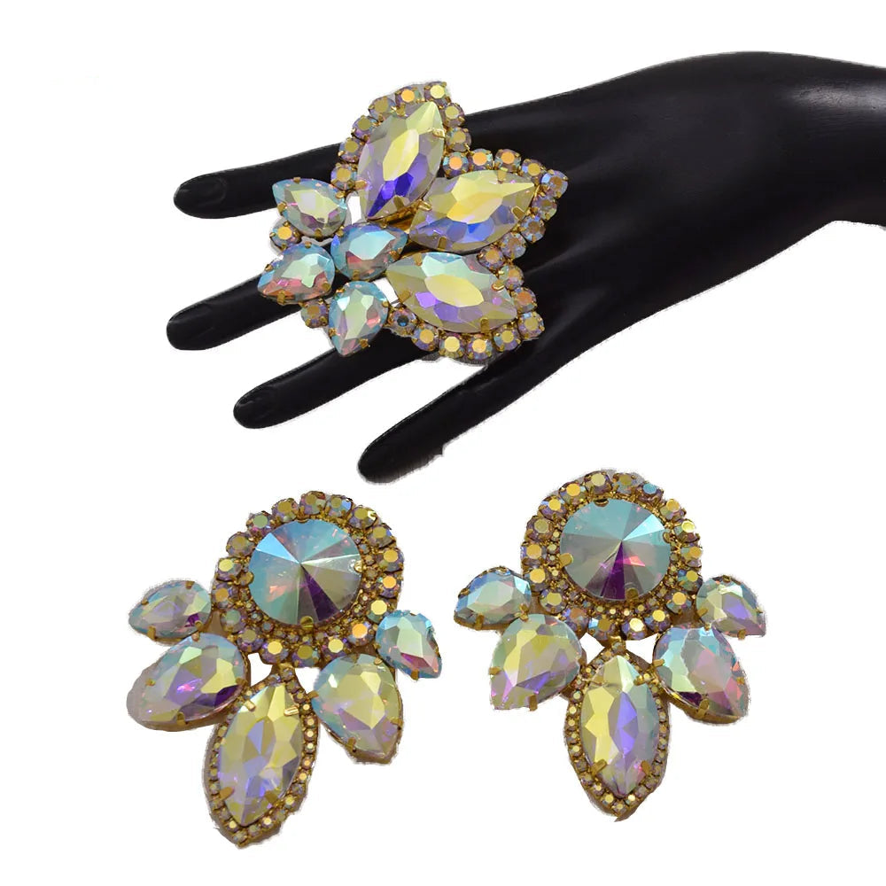 Rhinestone Earring & Ring Jewelry Set | Clip-On or Pin | 10 Colors
