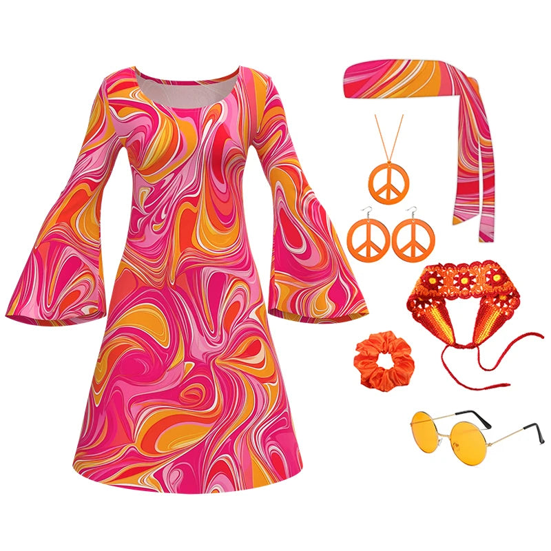 Women's Hippie Costume Set | 7-Piece | 60s 70s Disco Dress