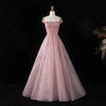Crystal Beaded Cap Sleeve A-Line Pageant Gown | Square Neck | Pink