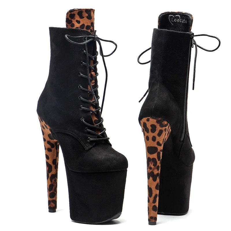 20CM Platform Ankle Boots - Suede with Leopard Print High Heel Pole Dance Boots