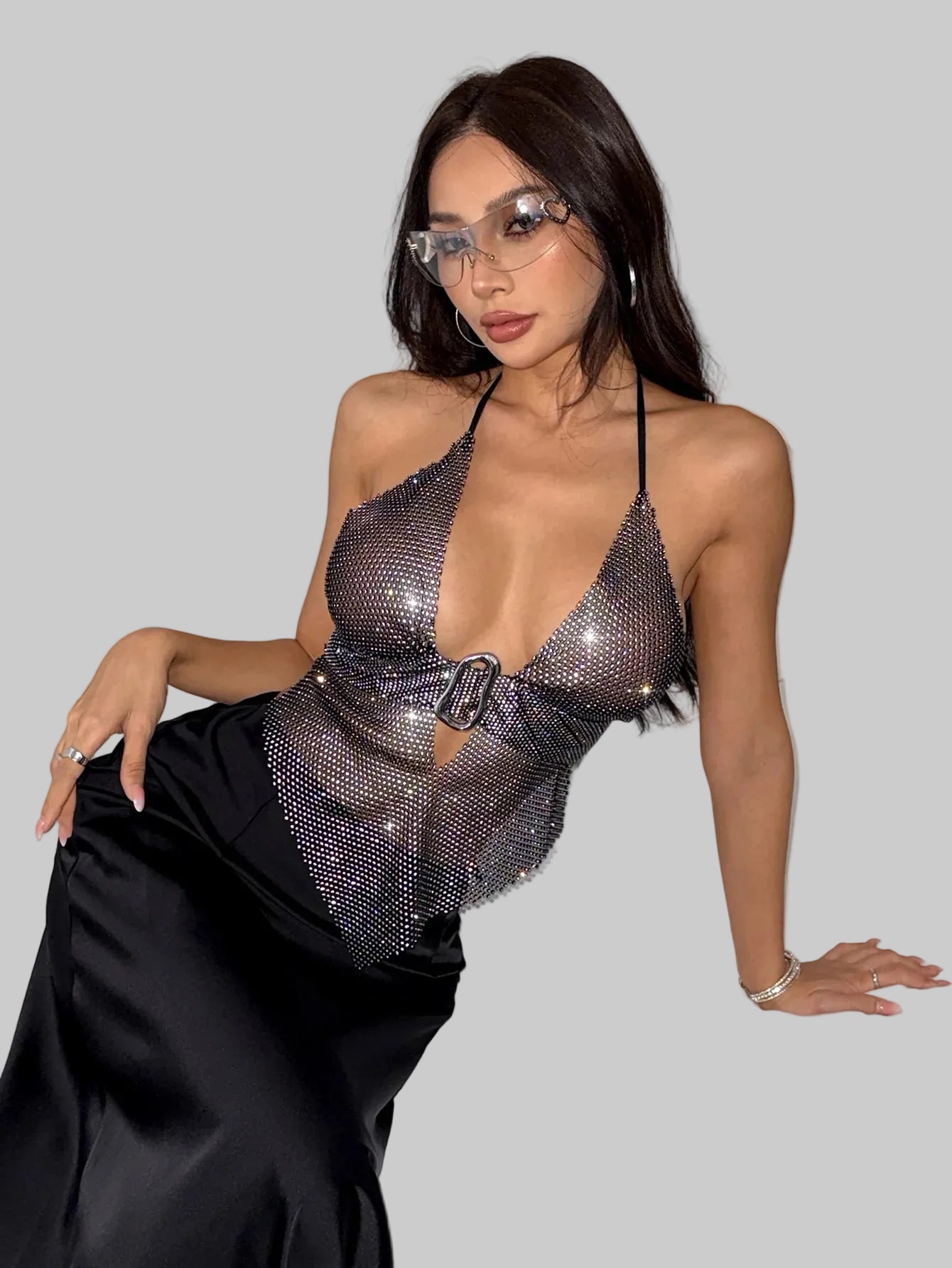 Rhinestone Fishnet Bandage Halter Crop Top - Deep V Backless Camisole