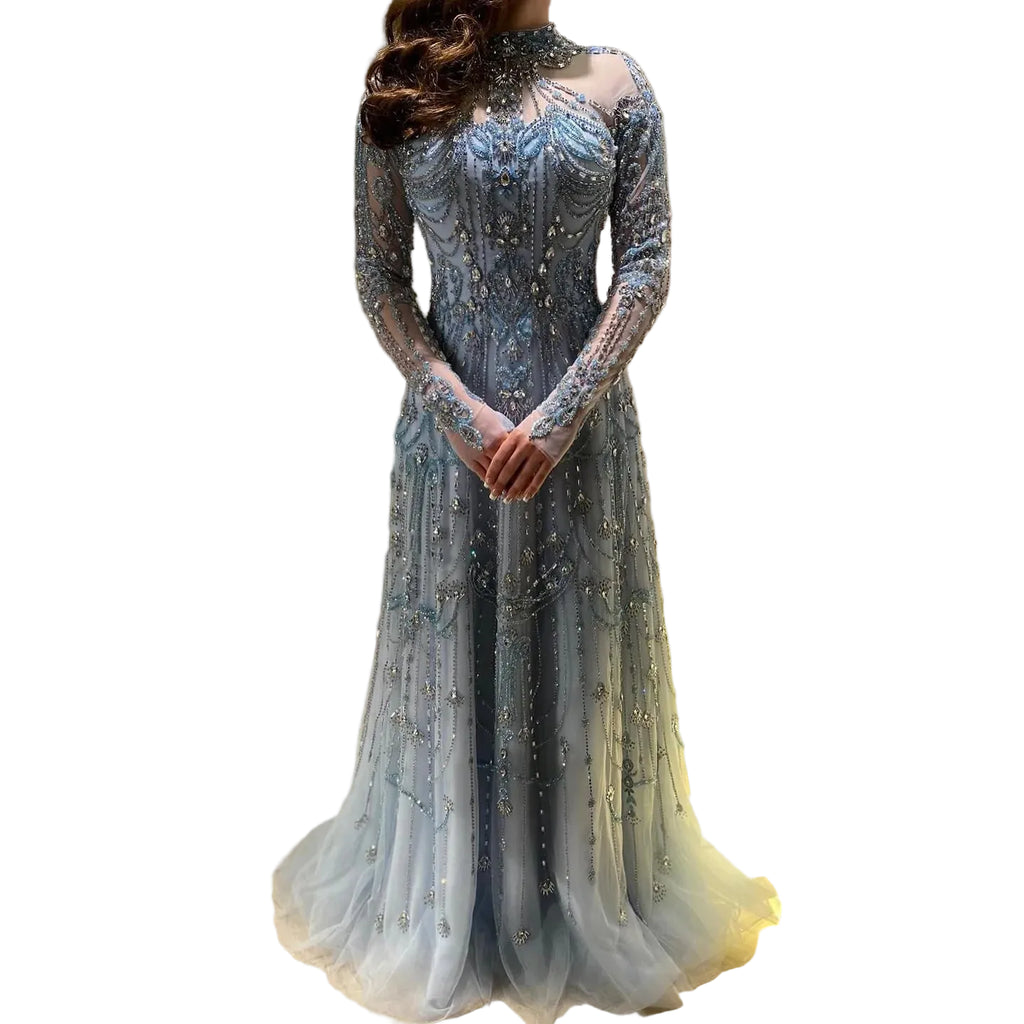 Crystal Beaded A-Line Gown | High Neck Long Sleeve | Blue & Champagne