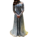 Crystal Beaded A-Line Gown | High Neck Long Sleeve | Blue & Champagne