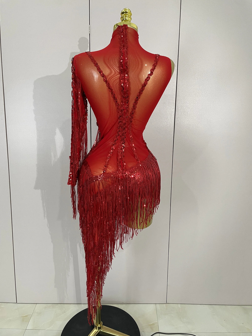 Rhinestone Tassel One-Shoulder Mini Dress | Sheer Mesh | Red, Black & Gold