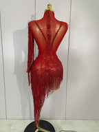 Rhinestone Tassel One-Shoulder Mini Dress | Sheer Mesh | Red, Black & Gold