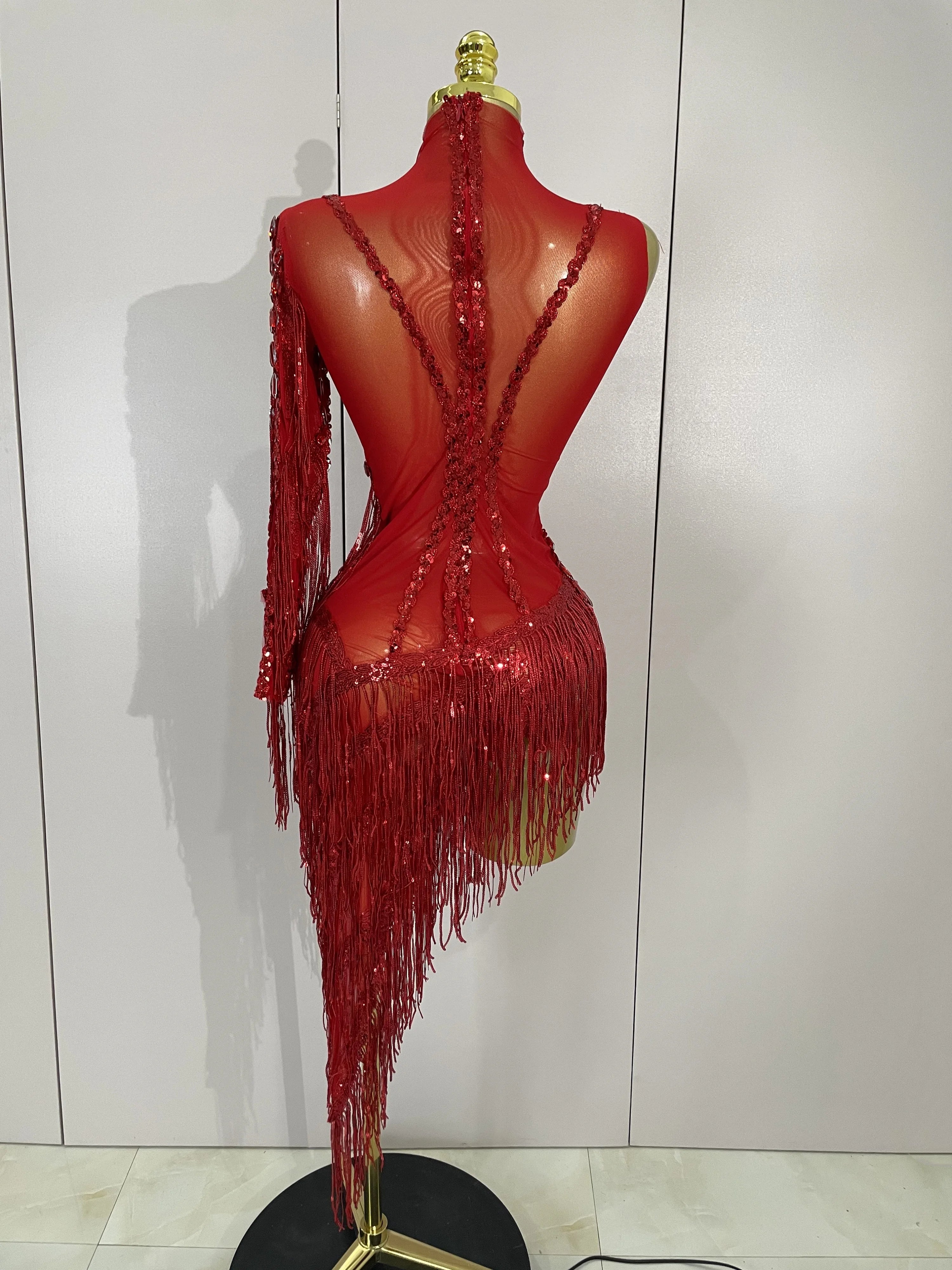 Rhinestone Tassel One-Shoulder Mini Dress | Sheer Mesh | Red, Black & Gold