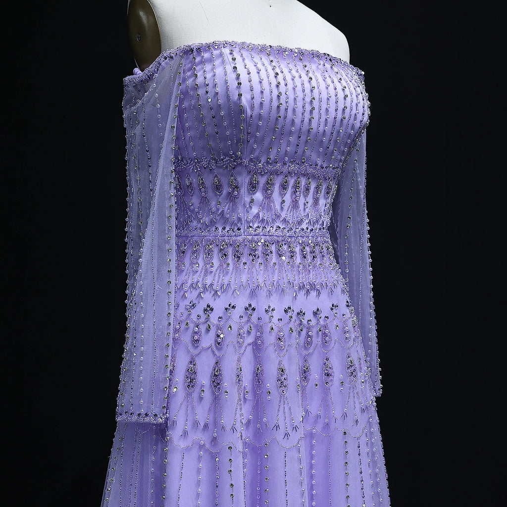 Crystal Pearl Gown | Off-Shoulder Long Sleeve | Green & Lilac