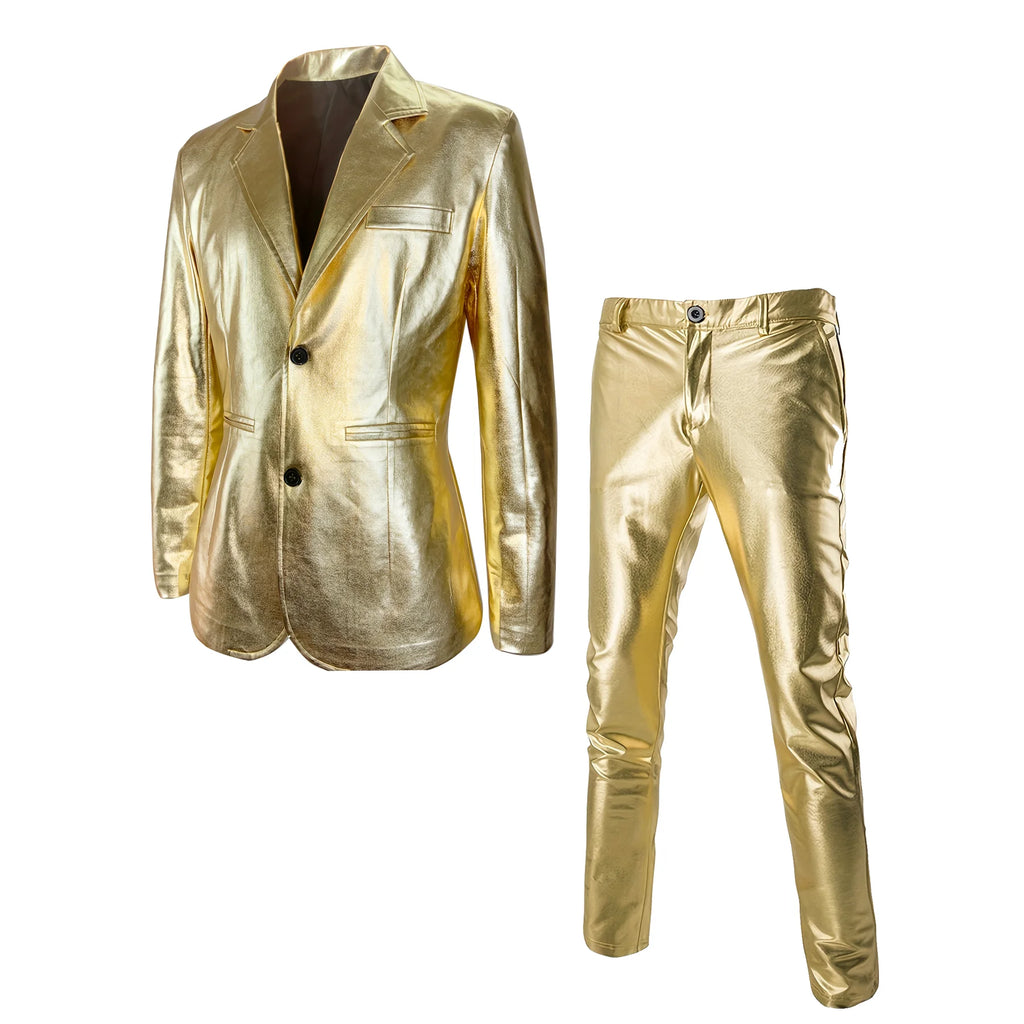 Men's Metallic 2-Piece Suit | Slim Fit Blazer & Pants | Stage & Party | Gold