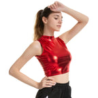 Holographic Mock-Neck Crop Tank | Metallic Sleeveless Top