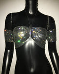 Glitter Rhinestone Halter Crop Top - Sheer Backless Tank