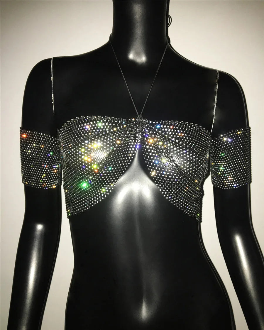 Glitter Rhinestone Halter Crop Top - Sheer Backless Tank