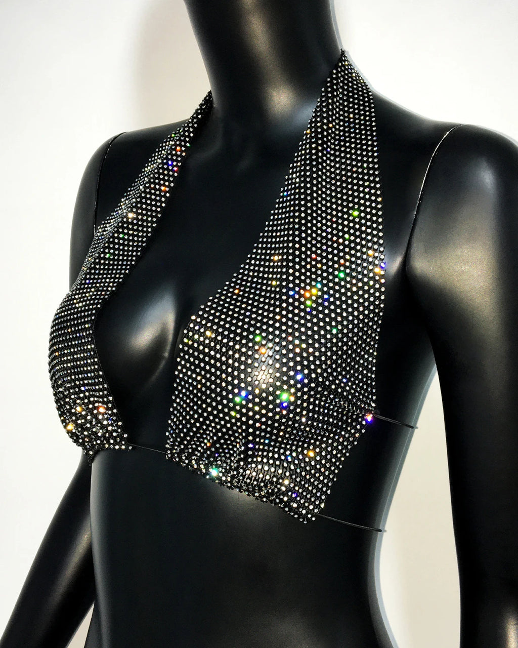 Rhinestone Fishnet Deep V-Neck Halter Crop Top