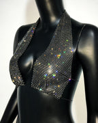 Rhinestone Fishnet Deep V-Neck Halter Crop Top