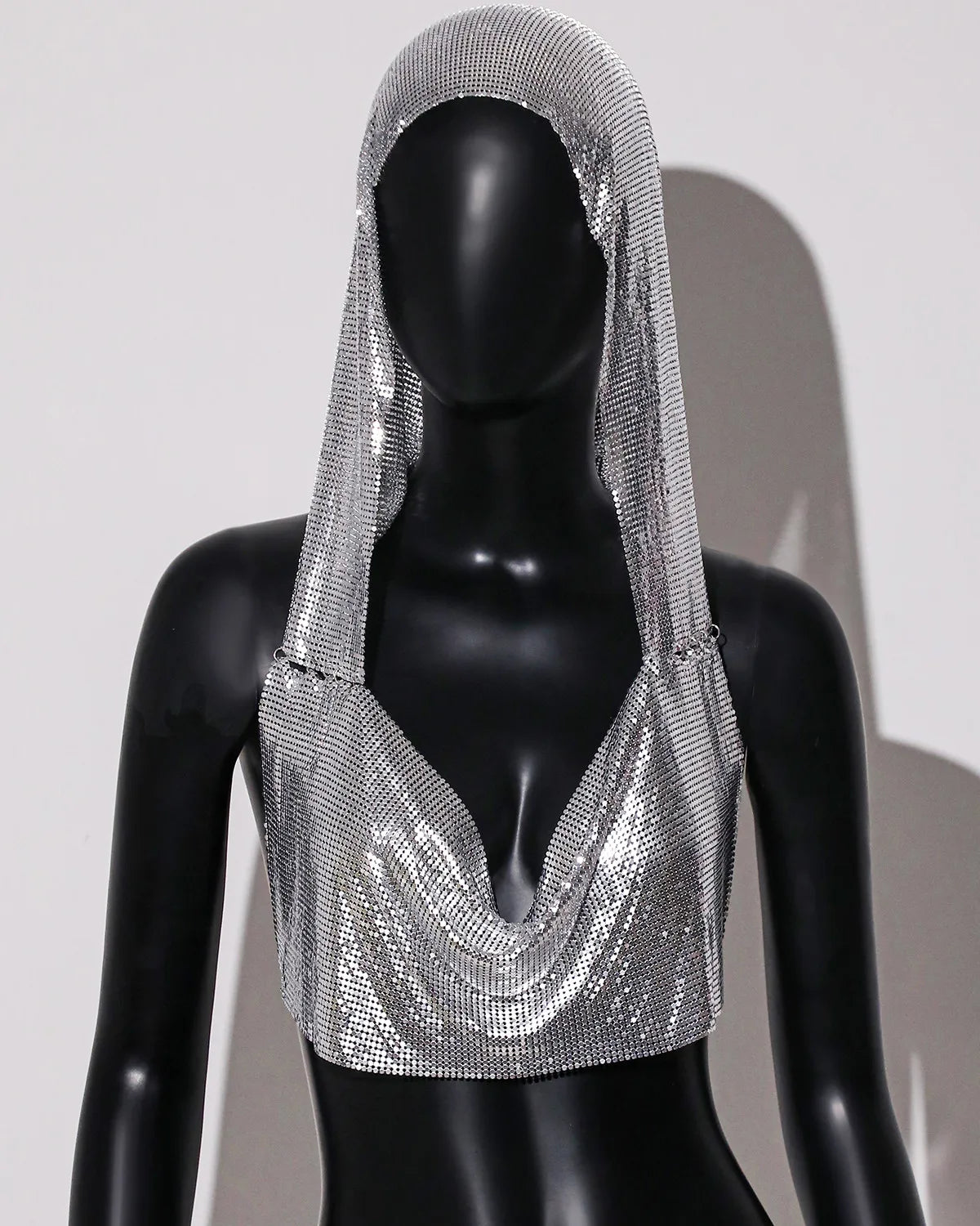 Hooded Sequin Crop Top with Deep V-Neck