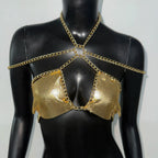 Sequin Deep V-Neck Halter Crop Top with Bandage Back