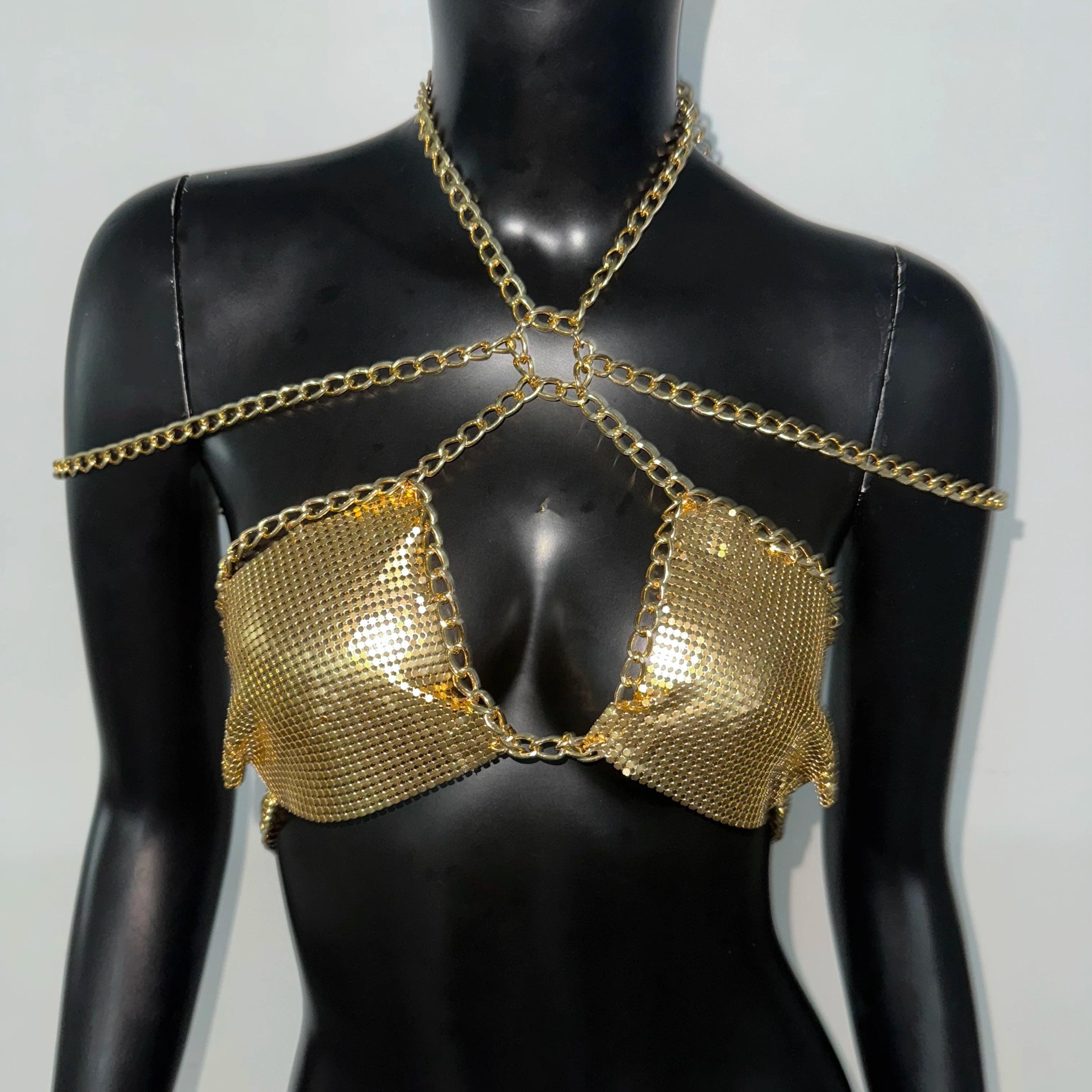 Sequin Deep V-Neck Halter Crop Top with Bandage Back