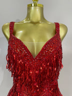 Rhinestone Sequin Tassel Bodysuit | Red & Silver | S–XL