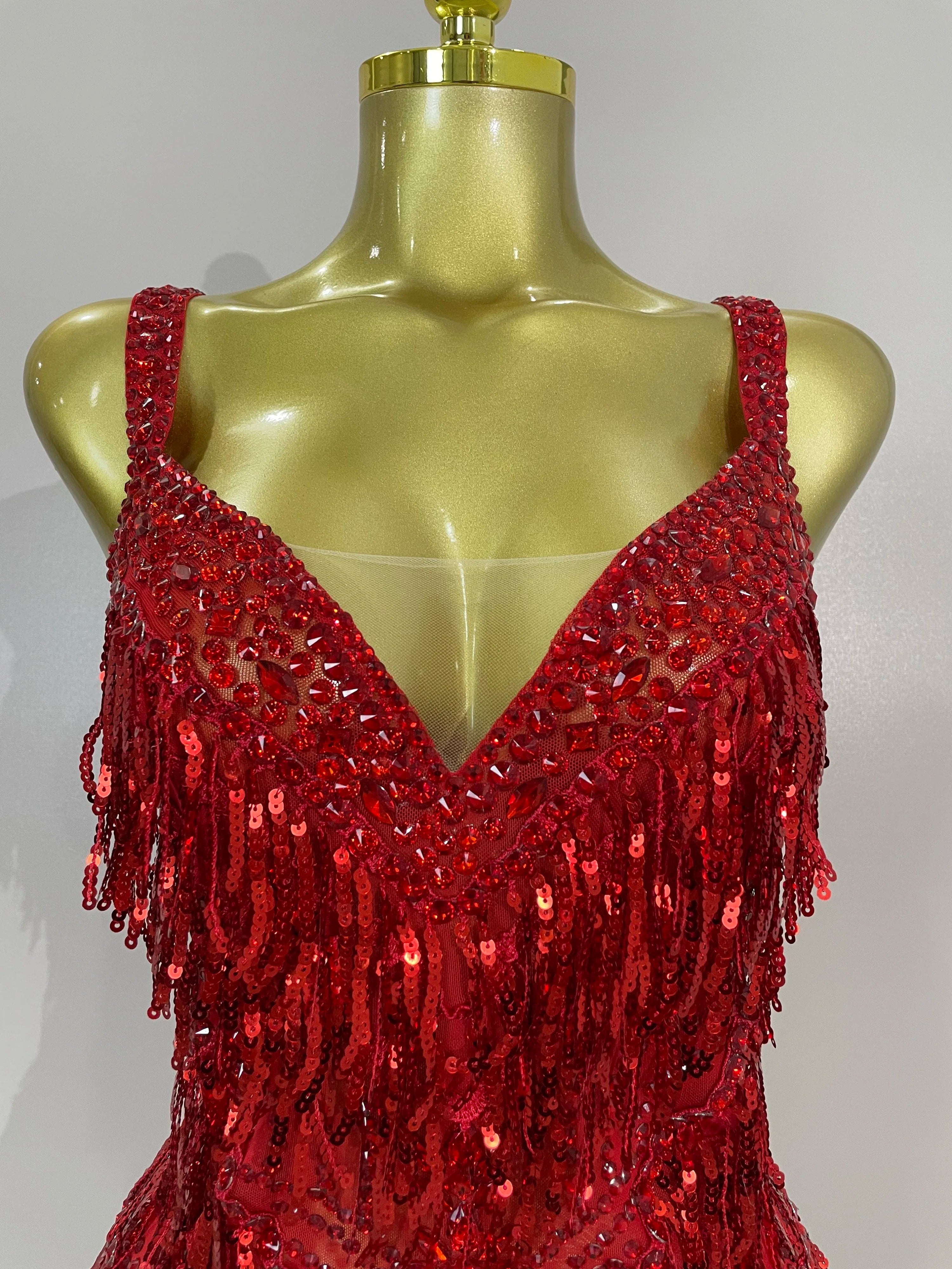 Rhinestone Sequin Tassel Bodysuit | Red & Silver | S–XL