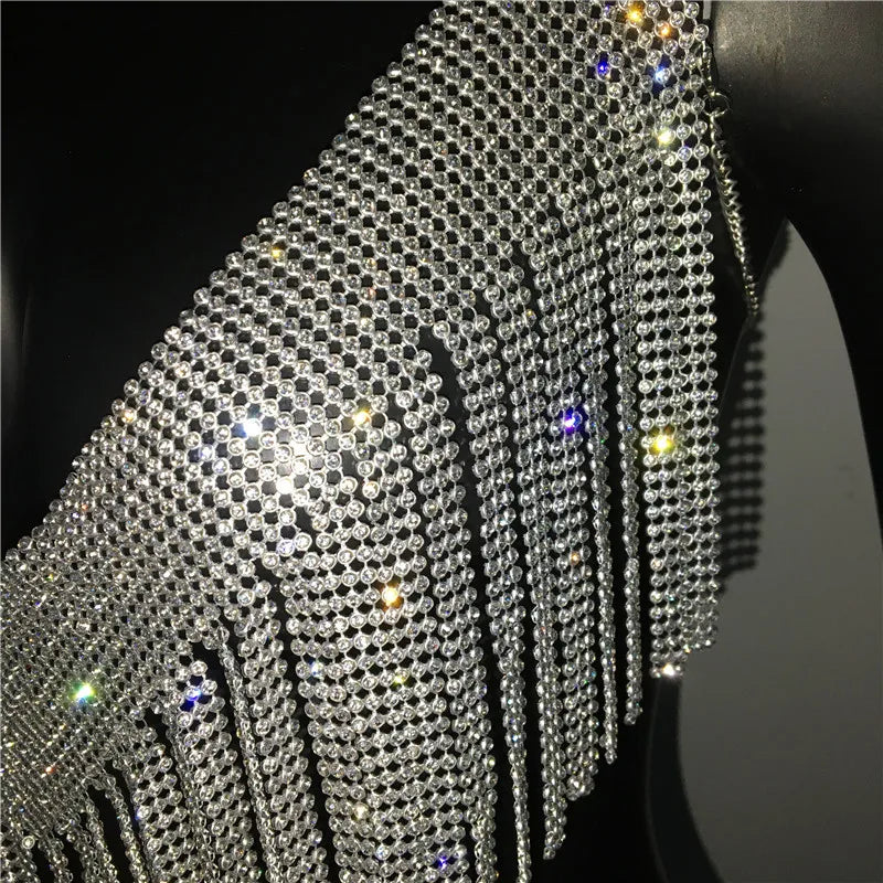 Rhinestone Tassel Halter Crop Top - Backless Sequin Party Top