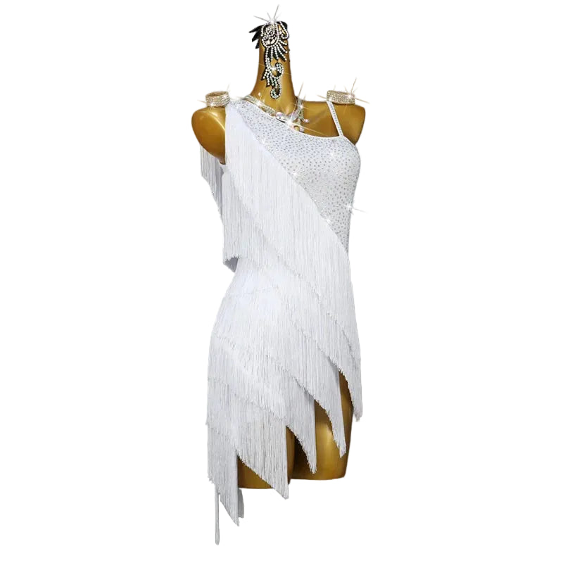 Rhinestone Tassel Latin Dance Dress with Accessories Set — White
