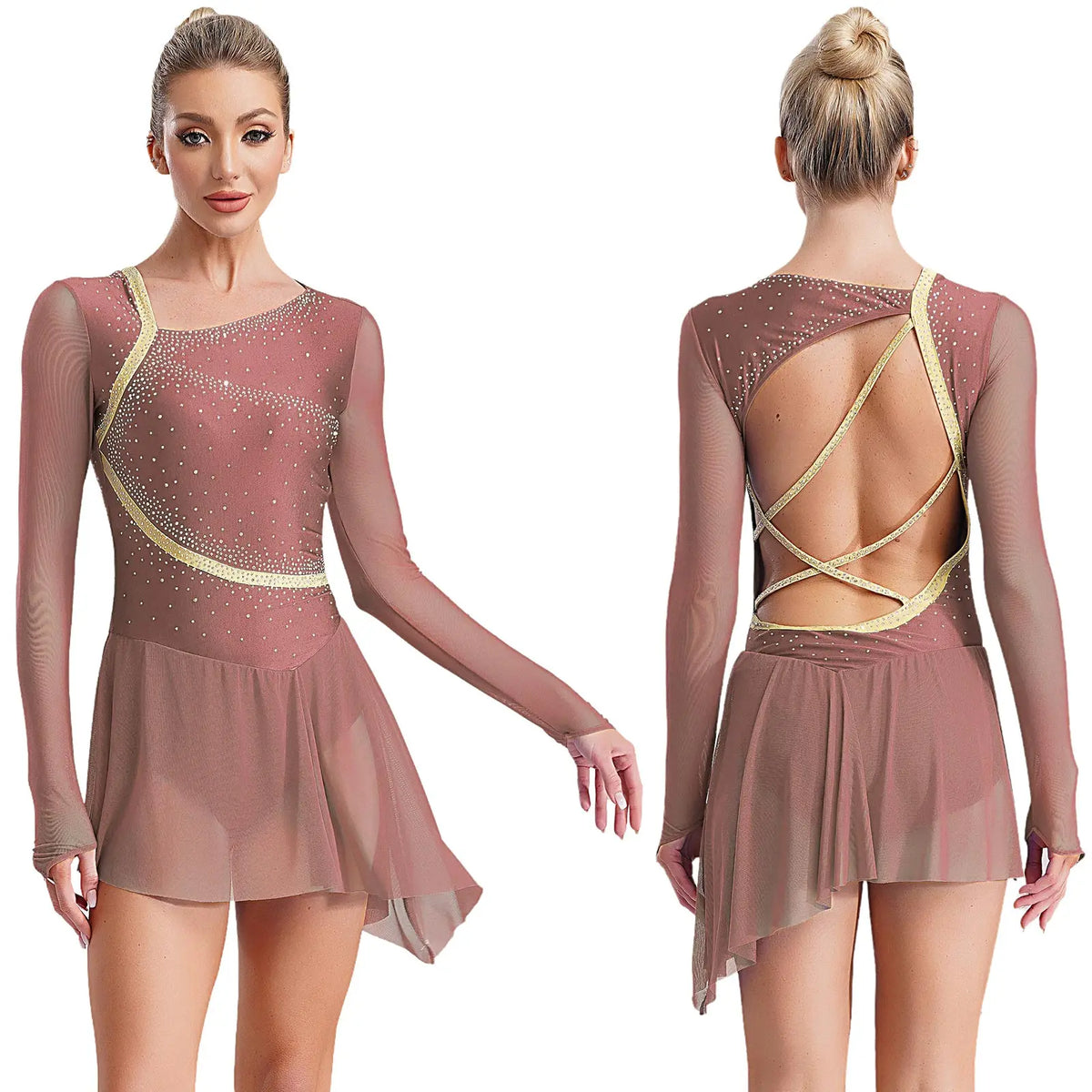 Rhinestone Mesh Skating Dress | Long Sleeve | Backless