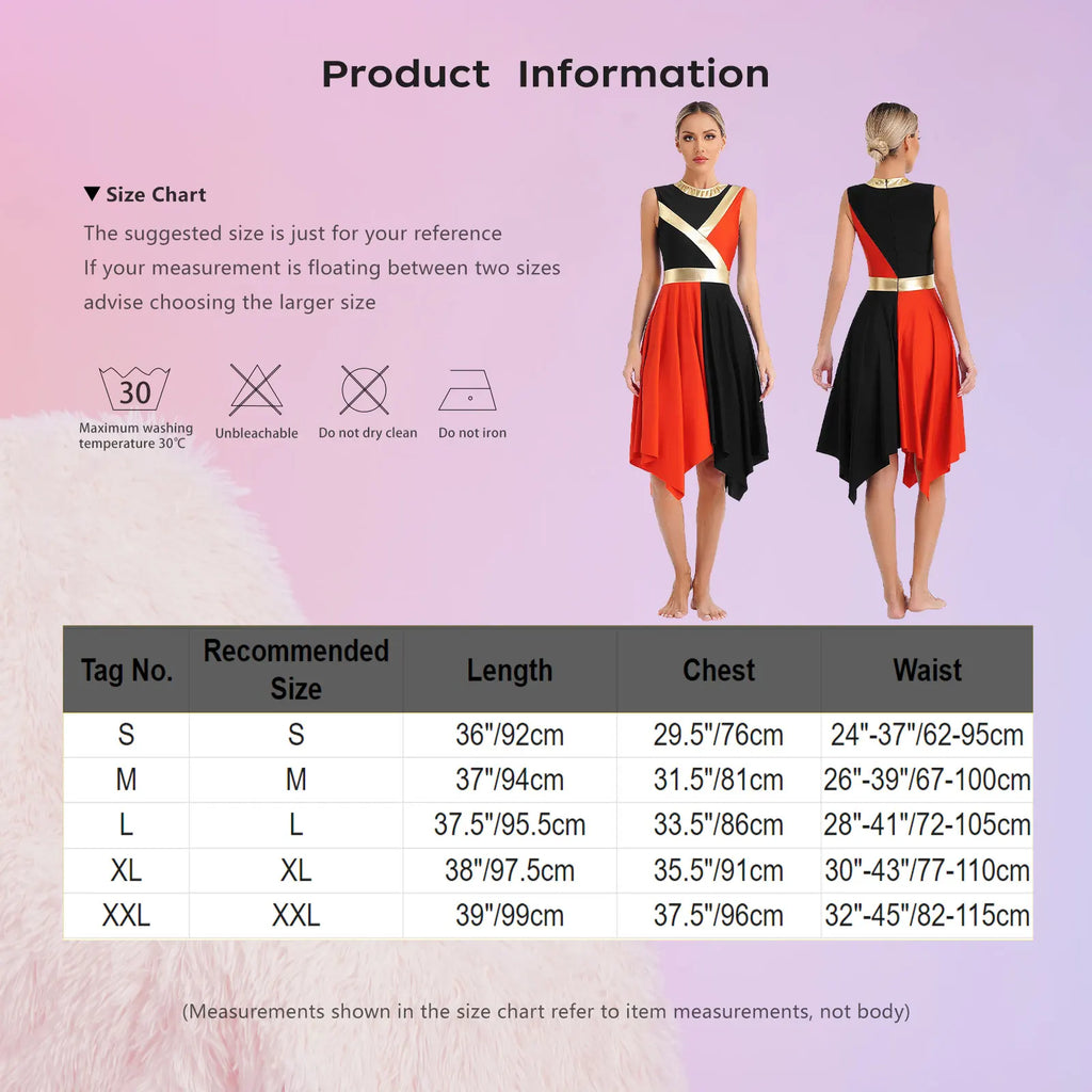 Color-Block Lyrical Dance Dress | Metallic Waist | Asymmetrical Hem | Sleeveless