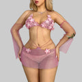 Pink Floral Rhinestone Two-Piece Festival Set - Mesh Skirt & Backless Top