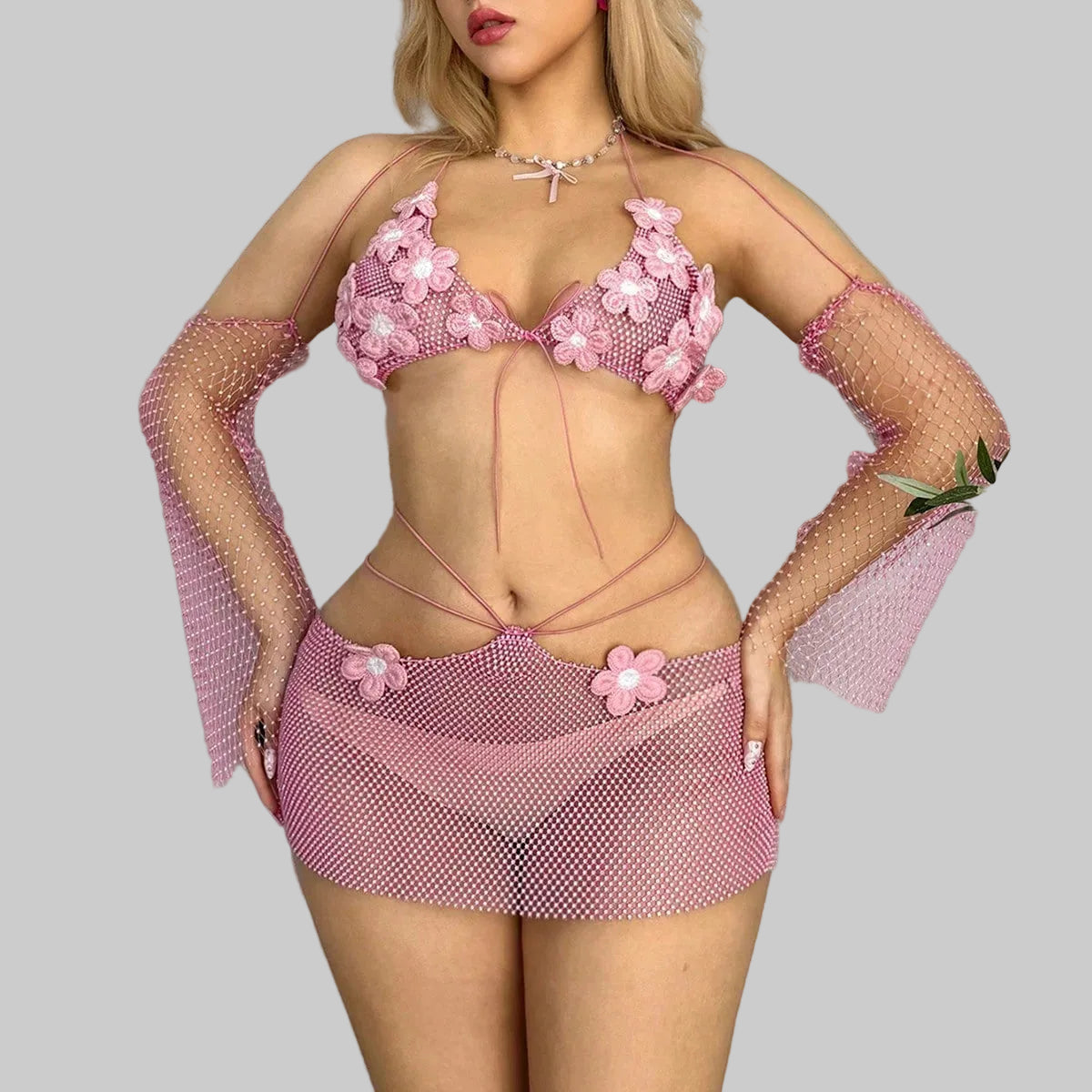Pink Floral Rhinestone Two-Piece Festival Set - Mesh Skirt & Backless Top