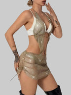 Rhinestone Mesh Halter Mini Dress - Backless Sheer Fishnet Party Dress