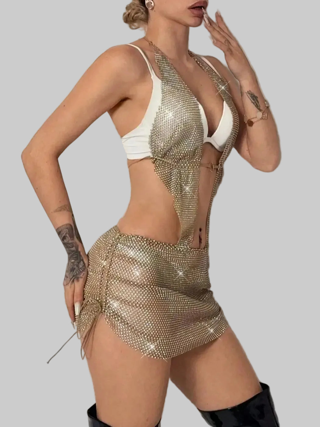Rhinestone Mesh Halter Mini Dress - Backless Sheer Fishnet Party Dress