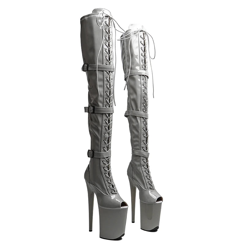 9-Inch Patent Platform Boots - Thigh-High Open Toe Dance Boots