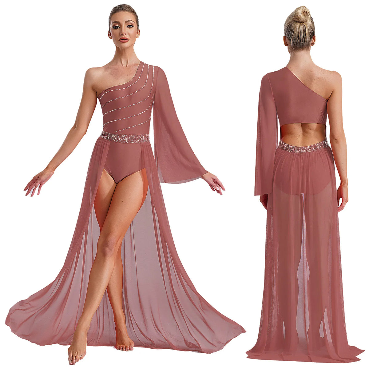 Women's Rhinestone One-Shoulder Lyrical Dance Dress | Flared Sleeve & Open-Front Mesh Maxi Skirt