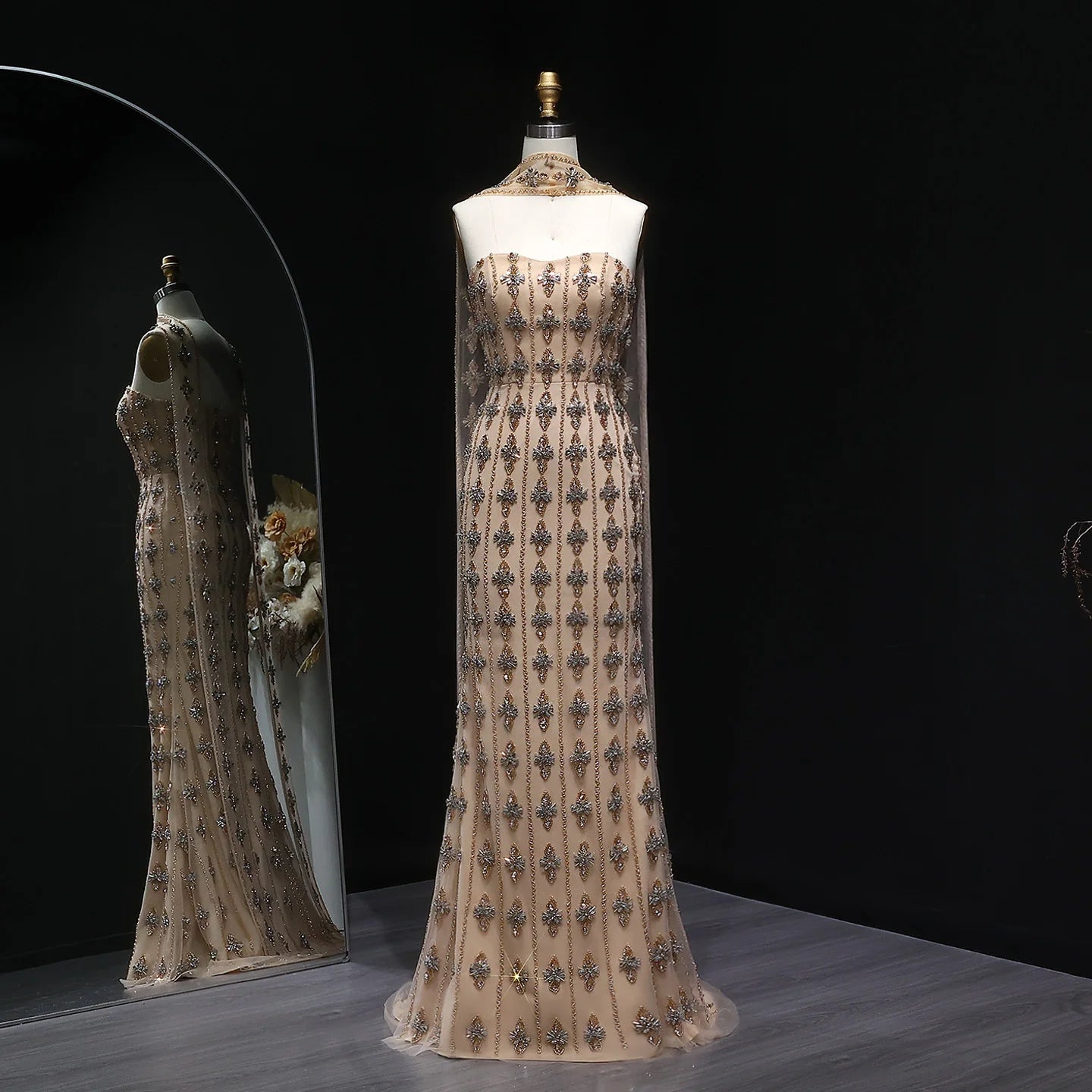 Crystal Beaded Mermaid Gown | Strapless | Scarf Overlay