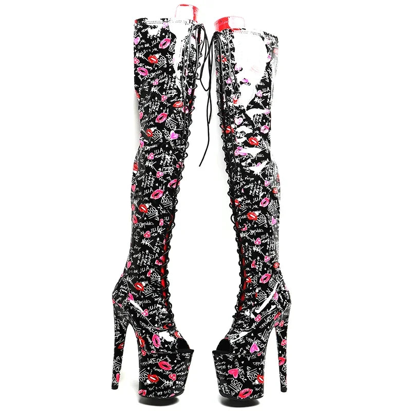 8-Inch Lip Print Thigh-High Boots - Open Toe Platform Boots