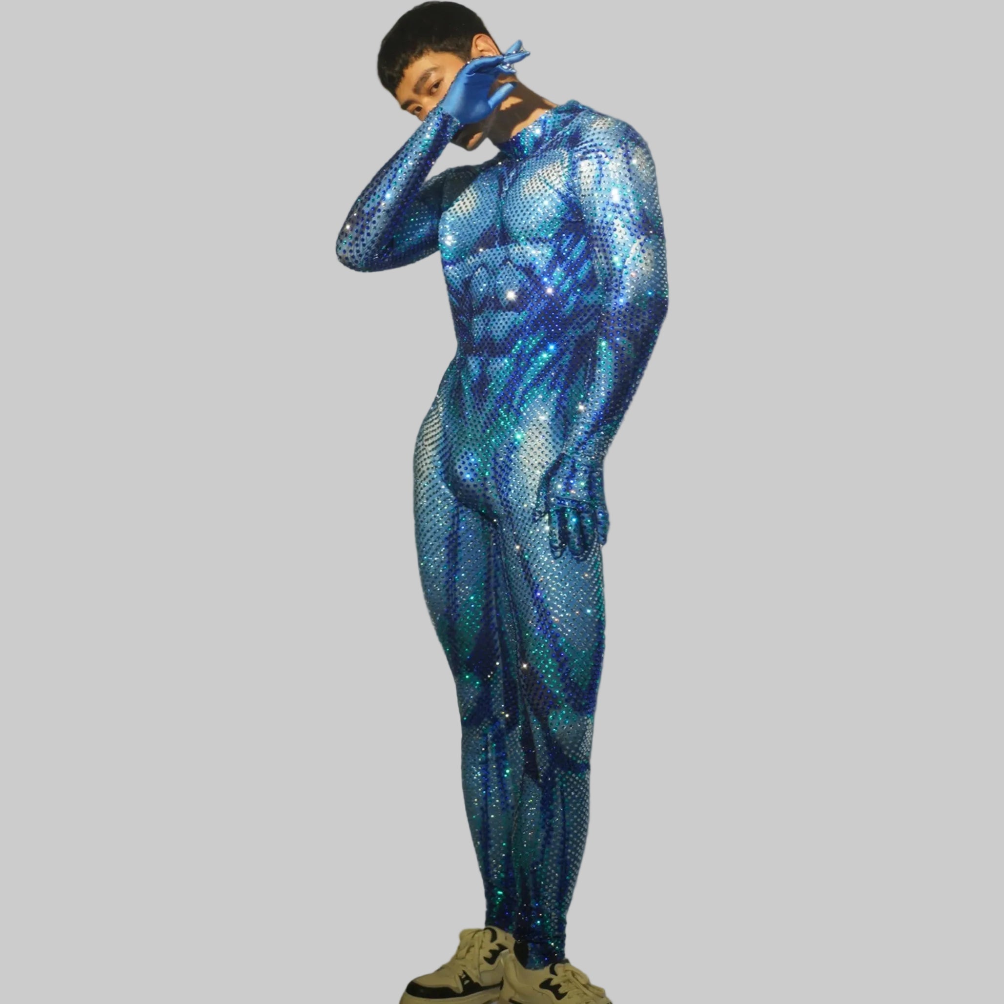 Men's Rhinestone Jumpsuit - Full-Body Sparkly Bodycon Suit for DJ & Stage Performers