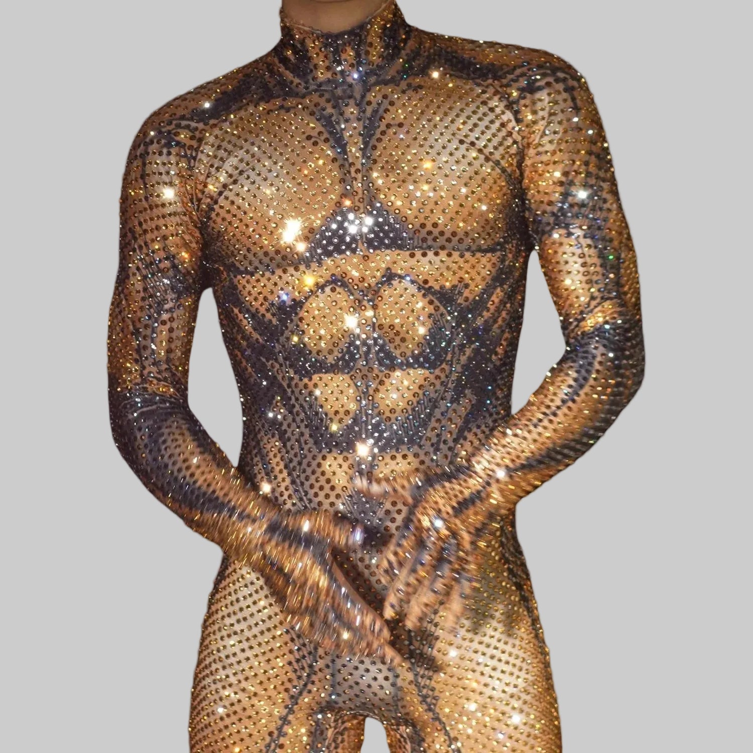 Men's Rhinestone Jumpsuit - Full-Body Sparkly Bodycon Suit for DJ & Stage Performers