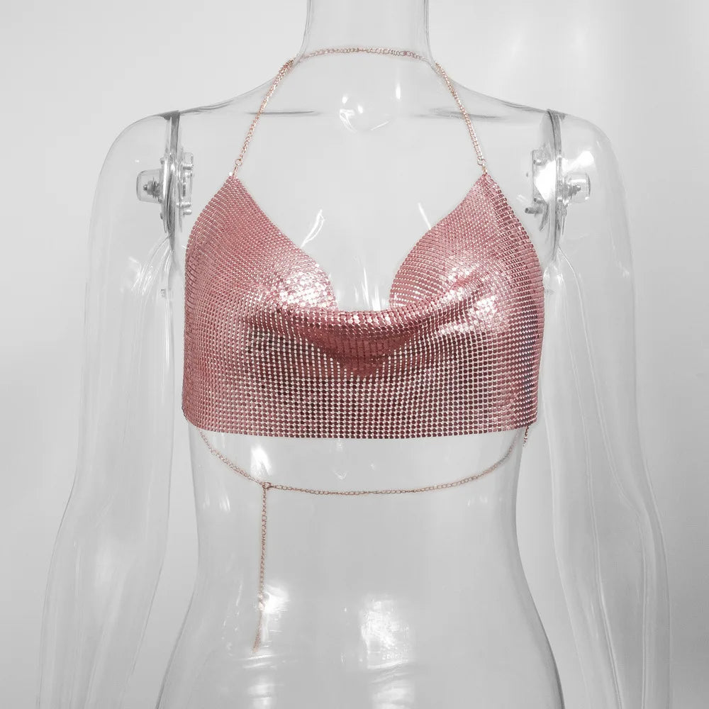 Metallic Glitter Halter Crop Top - Backless Corset Tank