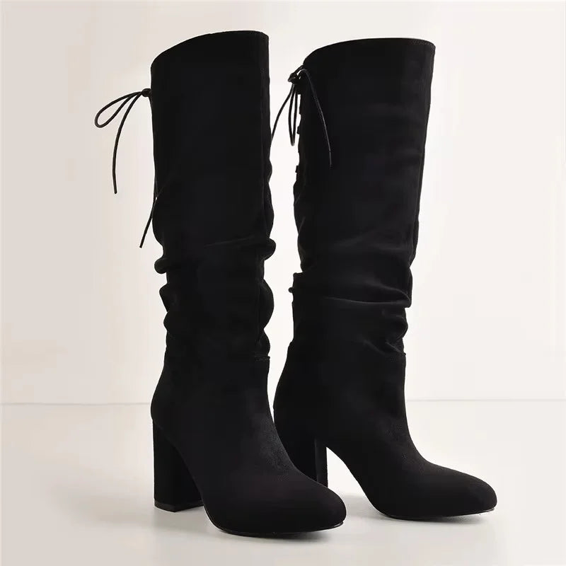 Pleated Patent Leather Mid-Calf Boots — Pointed Toe Chunky Heel