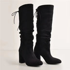 Pleated Patent Leather Mid-Calf Boots — Pointed Toe Chunky Heel