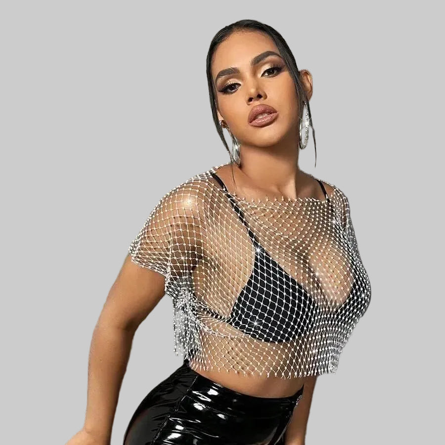 Rhinestone Fishnet Plaid T-Shirt - Sheer Bikini Cover-Up