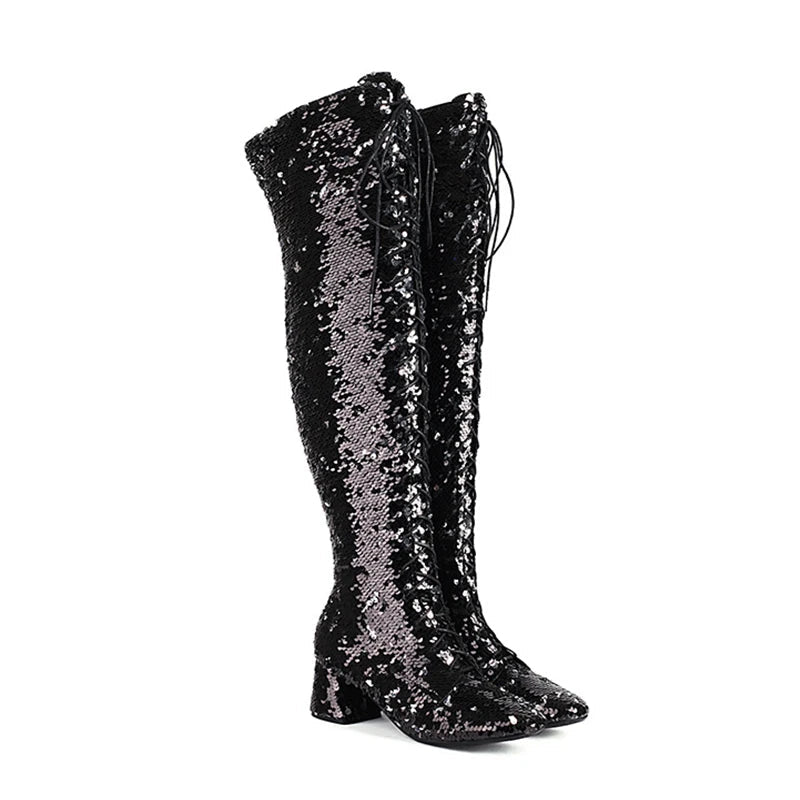 Glitter Sequin Over-the-Knee Boots | Lace-Up | 6cm Block Heel